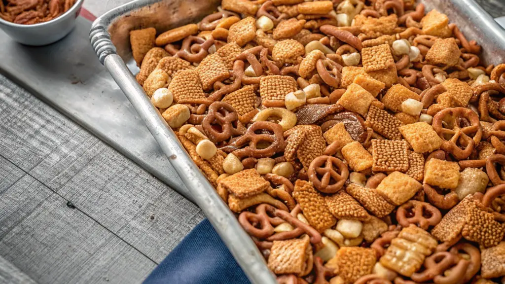 Texas Trash snack mix with pretzels, nuts, and Chex cereal in a bowl