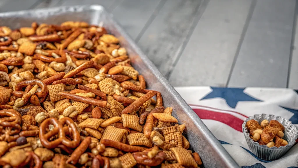 Texas Trash snack mix with pretzels, nuts, and Chex cereal in a bowl