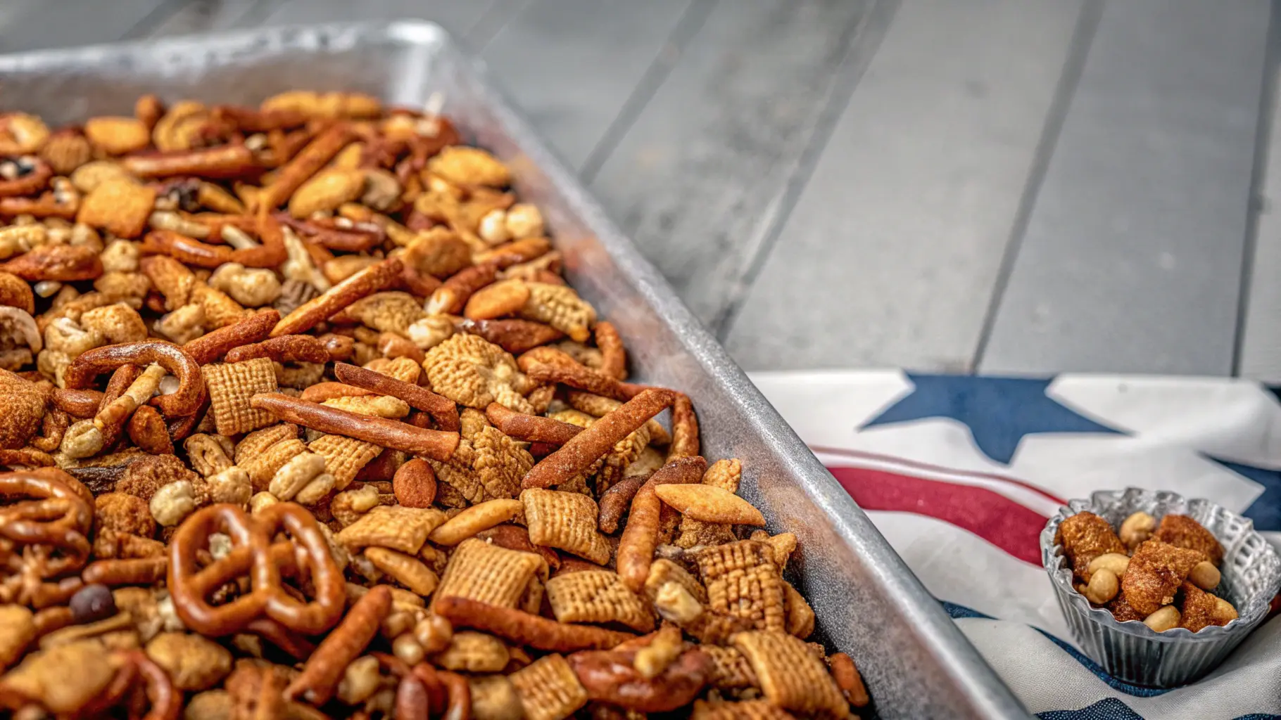 Texas Trash snack mix with pretzels, nuts, and Chex cereal in a bowl