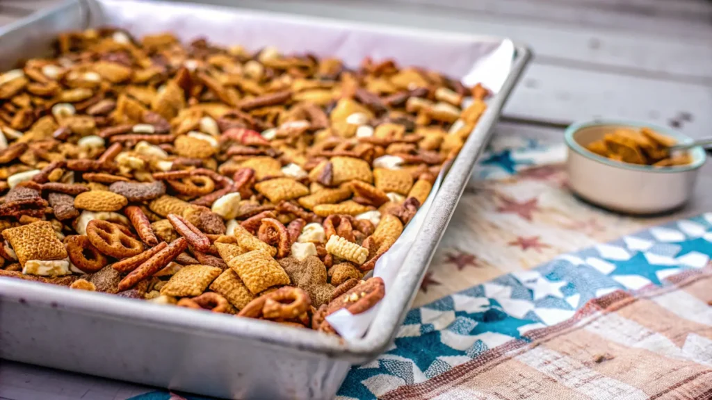 Texas Trash snack mix with pretzels, nuts, and Chex cereal in a bowl