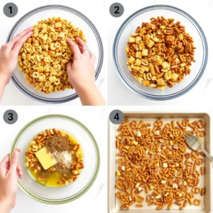 An overhead view of the Texas Trash preparation process: hands carefully mixing Chex cereals, pretzels, and nuts in a bowl, with a second bowl containing melted butter and seasonings nearby. A baking sheet sits ready for roasting, set in a bright, tidy kitchen.