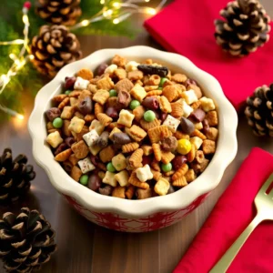 A festive holiday table with Texas Trash snack mix served in an elegant bowl, surrounded by cheerful decorations like pinecones, glowing fairy lights, and vibrant red napkins. The setup highlights its charm as a perfect party snack in a warm, celebratory setting.