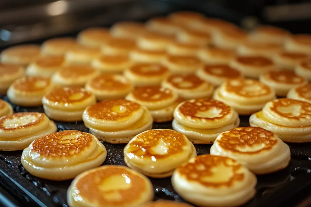 A stack of fluffy mini pancakes topped with syrup.