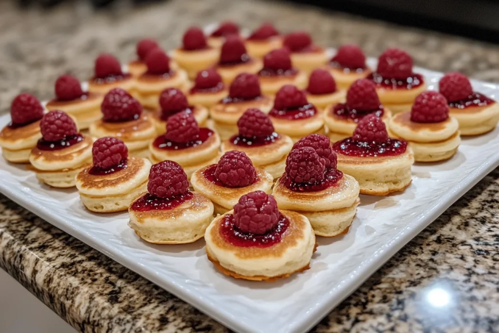 A stack of fluffy mini pancakes topped with syrup and berries.