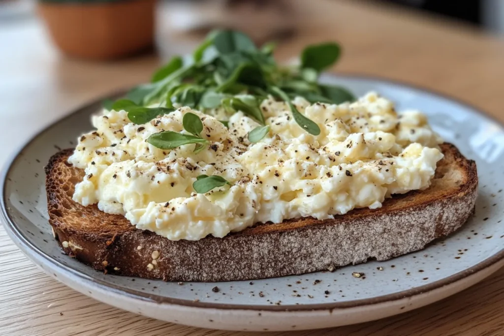 Scrambled eggs with cottage cheese served on a white plate