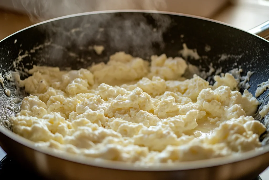 Scrambled eggs with cottage cheese served on a white plate
