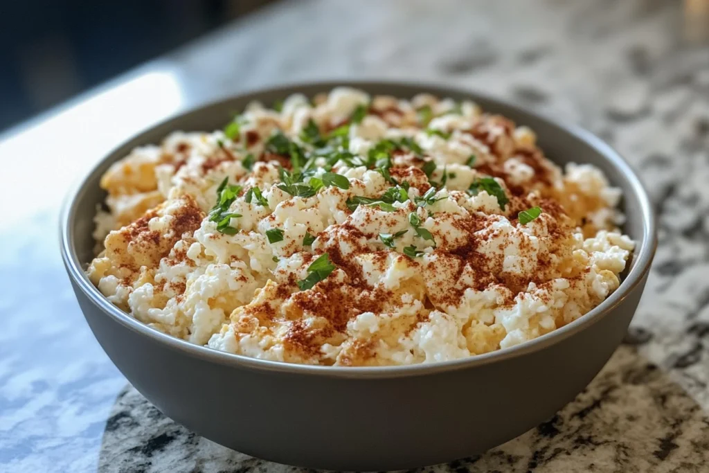 Scrambled eggs with cottage cheese served on a white plate
