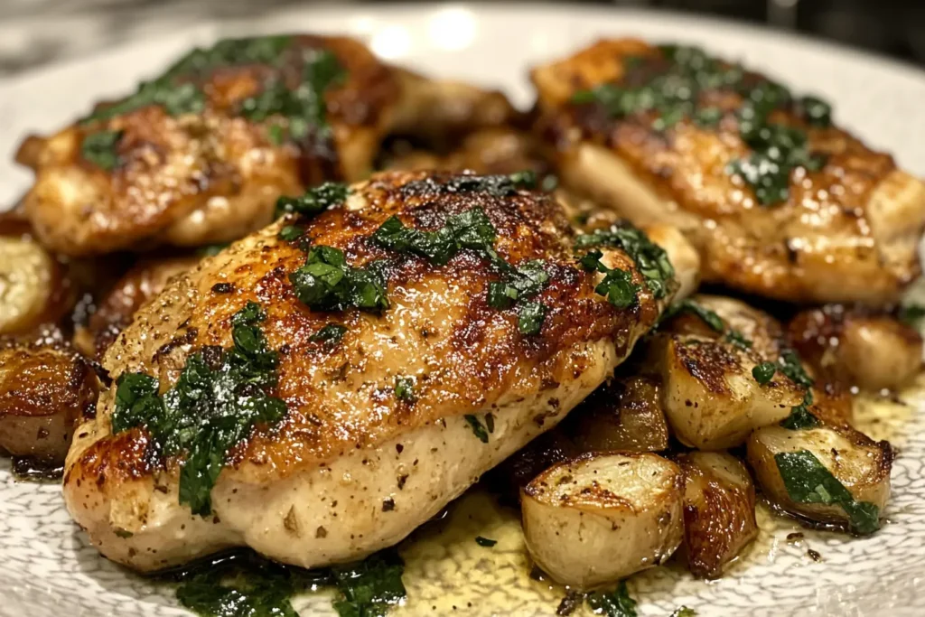 Galena Chicken Recipe in a skillet with herbs