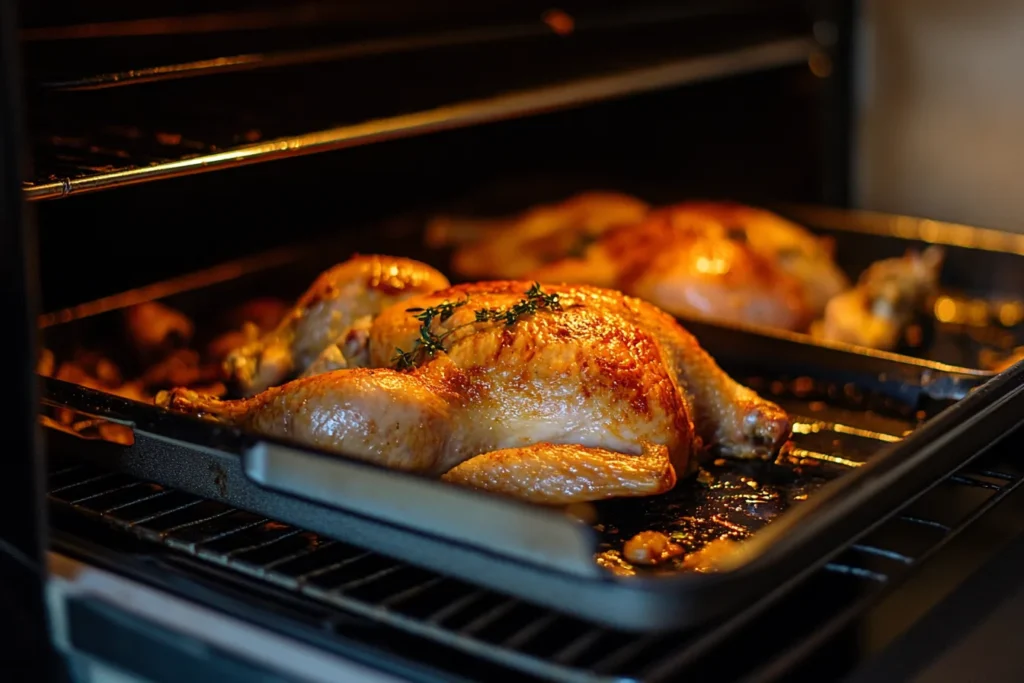 Ready made chicken pieces on a baking tray with fresh herbs