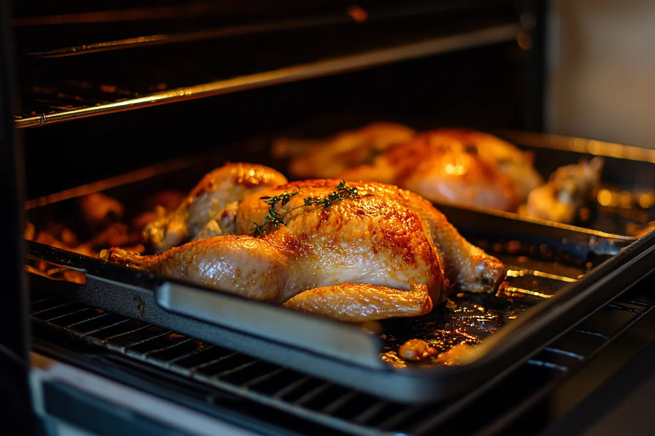 Ready made chicken pieces on a baking tray with fresh herbs