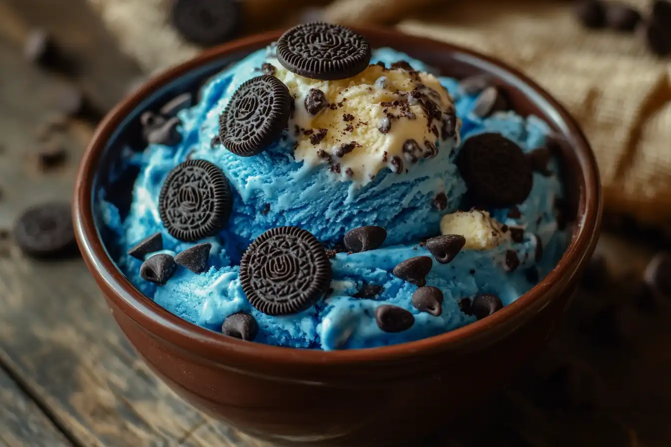 A bowl of blue cookie monster ice cream topped with chocolate chip cookies and Oreo crumbs.