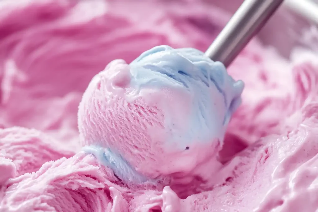 Step-by-step preparation of no-churn cotton candy ice cream with pink and blue swirls in a mixing bowl.
