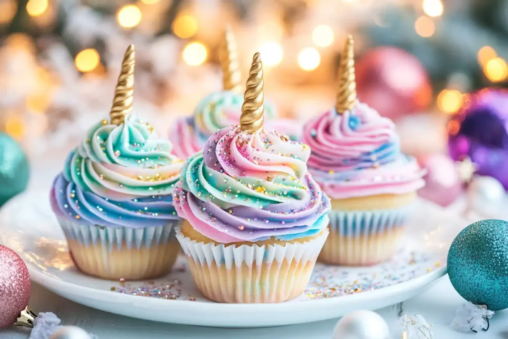 A plate of colorful unicorn cupcakes with rainbow frosting, edible glitter, and candy horns displayed on a festive table.