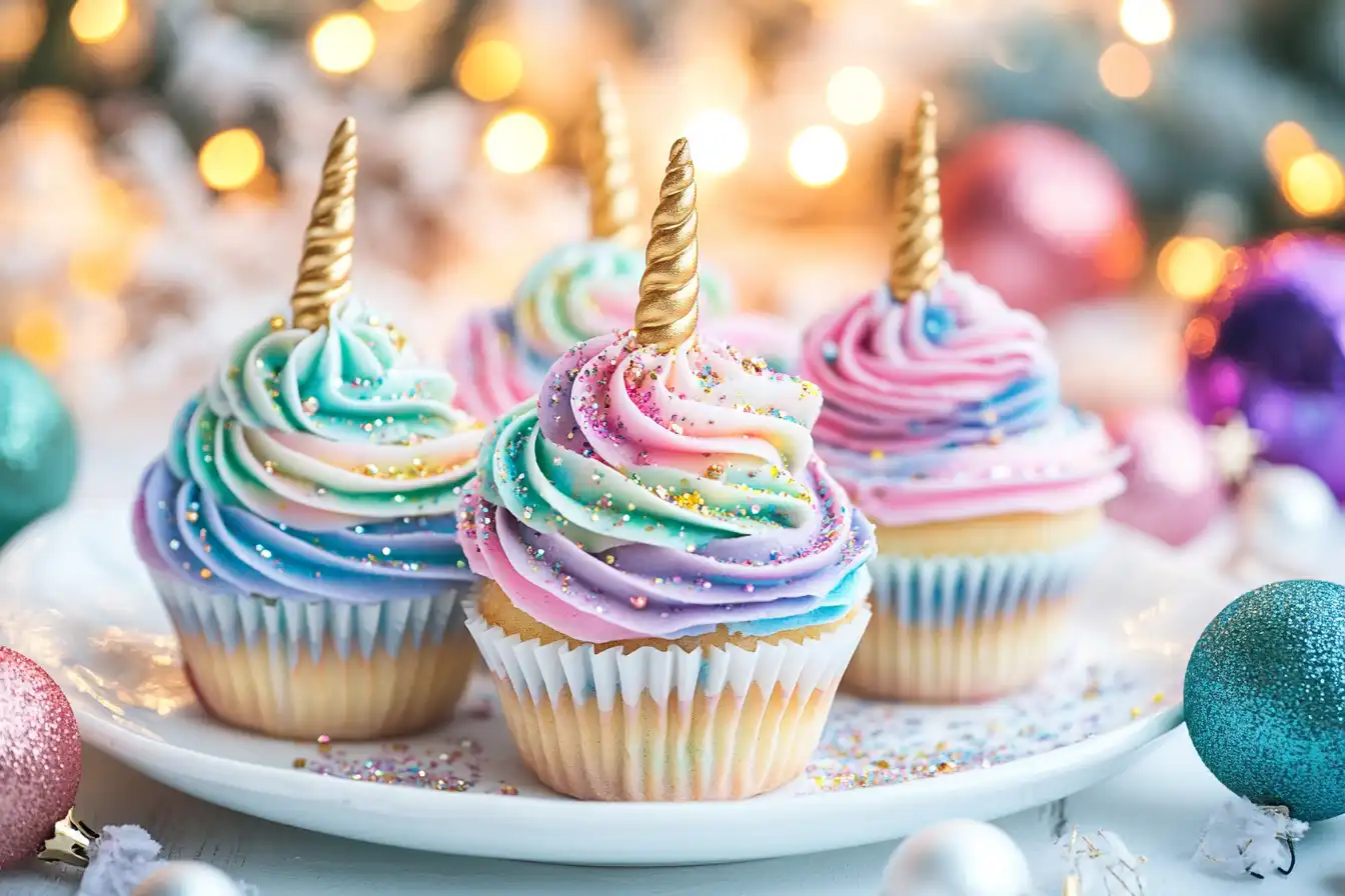 A plate of colorful unicorn cupcakes with rainbow frosting, edible glitter, and candy horns displayed on a festive table.