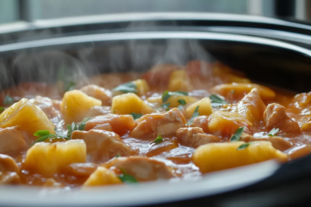 Crockpot cooking Sweet Hawaiian Chicken with pineapple and sauce.