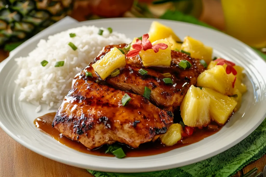 Sweet Hawaiian Crockpot Chicken served with pineapple chunks and rice.