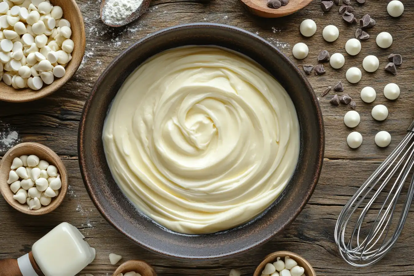Luxurious white chocolate ganache swirl with baking tools.