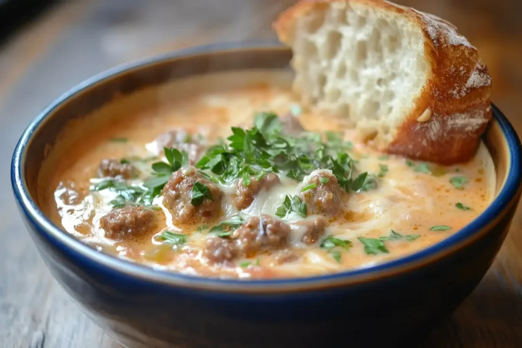 A bowl of creamy Parmesan Italian sausage soup garnished with fresh herbs and served with crusty bread.
