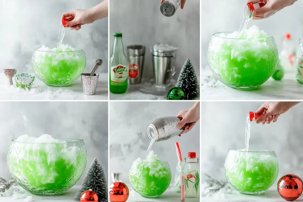 Step-by-step collage showing lime sherbet, Sprite, and Hawaiian punch being mixed into a bowl for Grinch Punch.