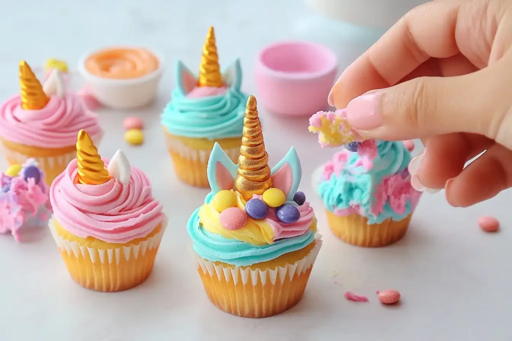 Baking ingredients for unicorn cupcakes, including flour, eggs, sugar, butter, and pastel food coloring gels.