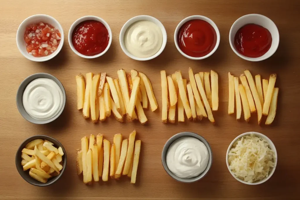 Step-by-step process of making papas locas, from frying potatoes to adding toppings