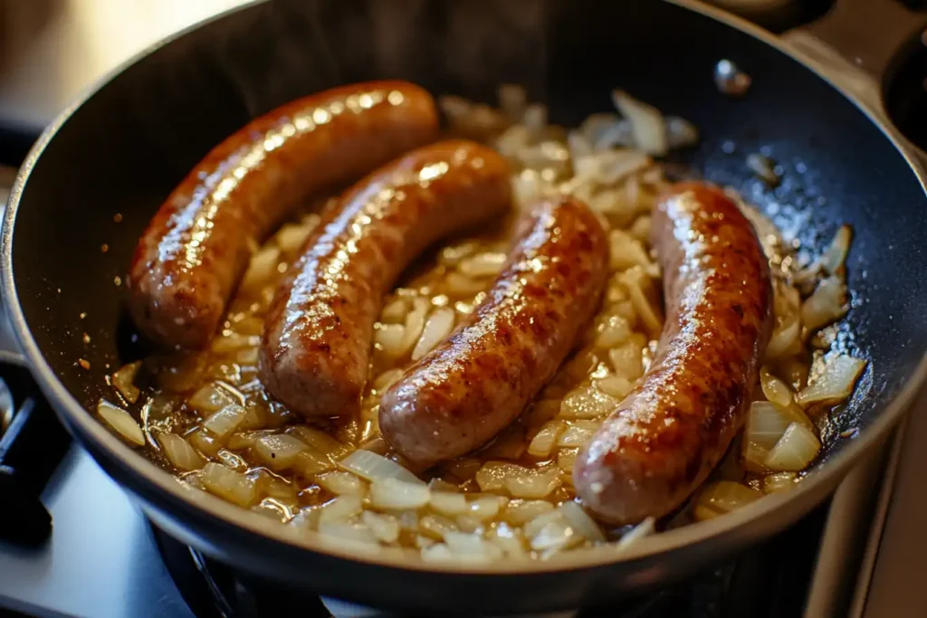 Sautéing Italian sausage with onions and garlic in a skillet, ready to combine with soup ingredients.Start by browning the sausage and sautéing aromatics for maximum flavor.