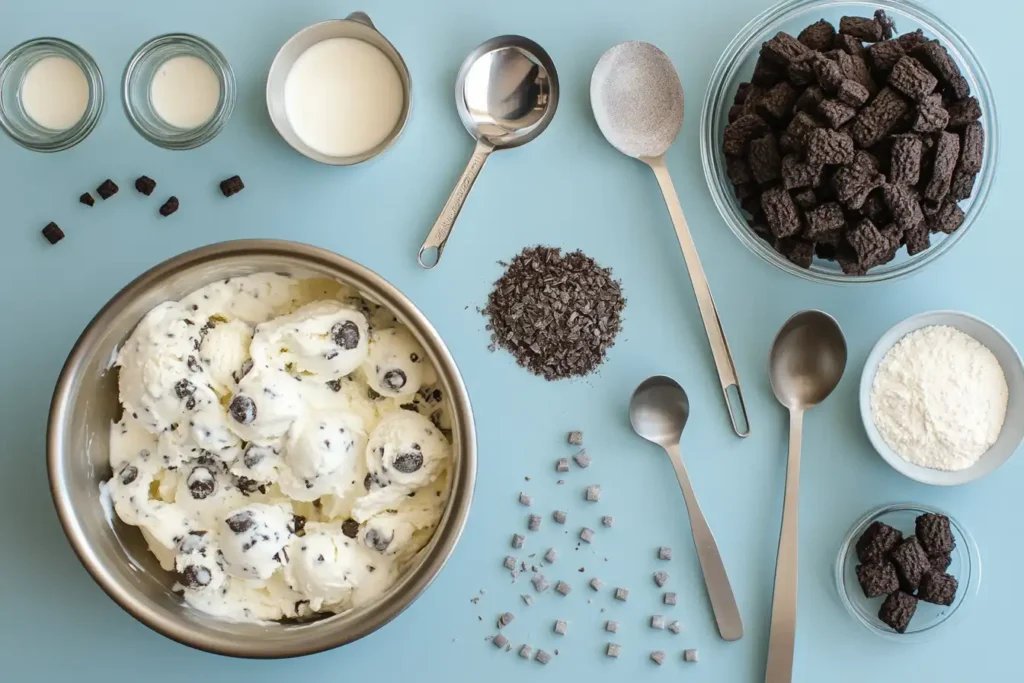 Ingredients for cookie monster ice cream laid out on a counter, including cream, cookies, and blue food coloring.