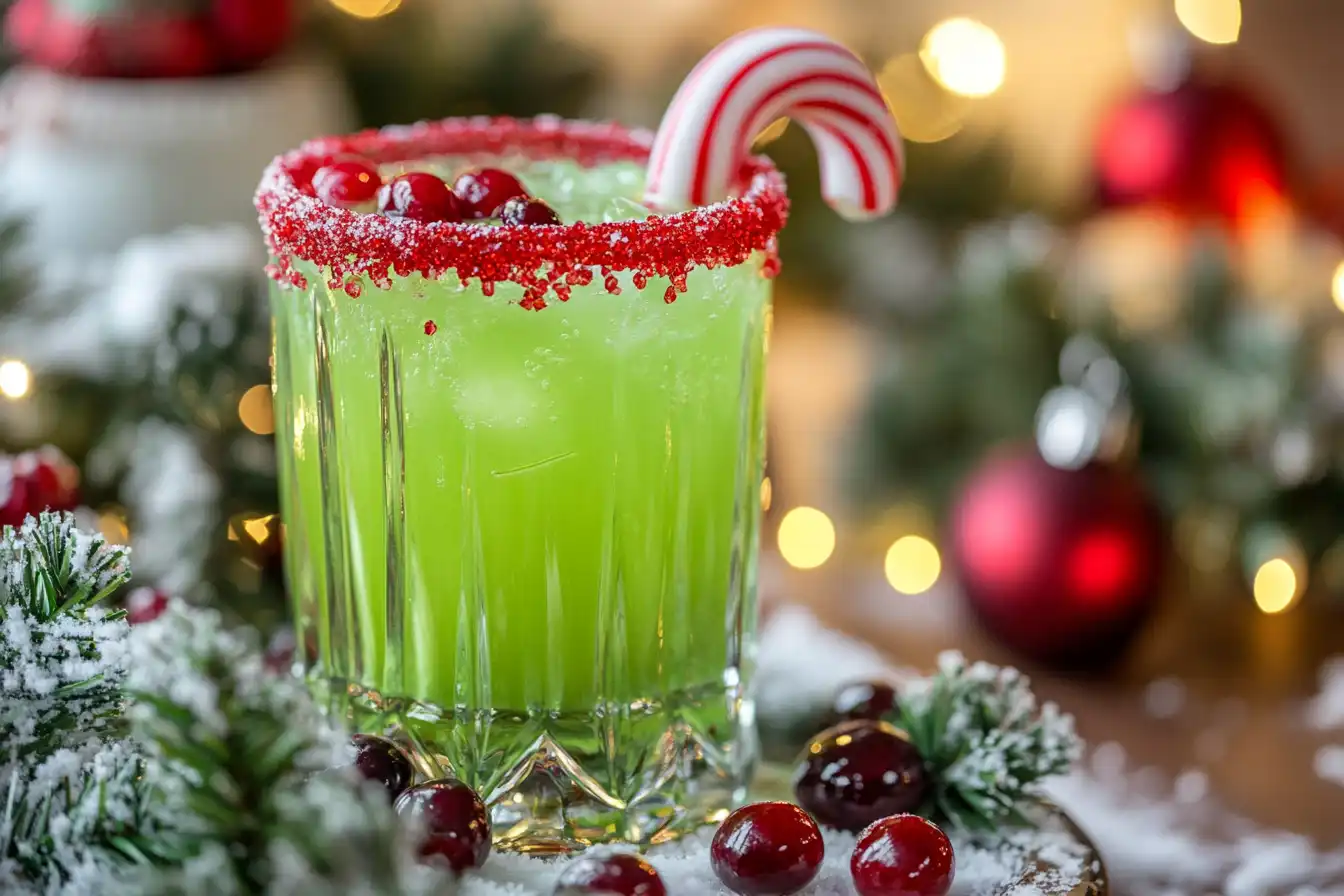 A vibrant green Grinch Punch served in a glass rimmed with red sugar and garnished with cranberries and a candy cane.