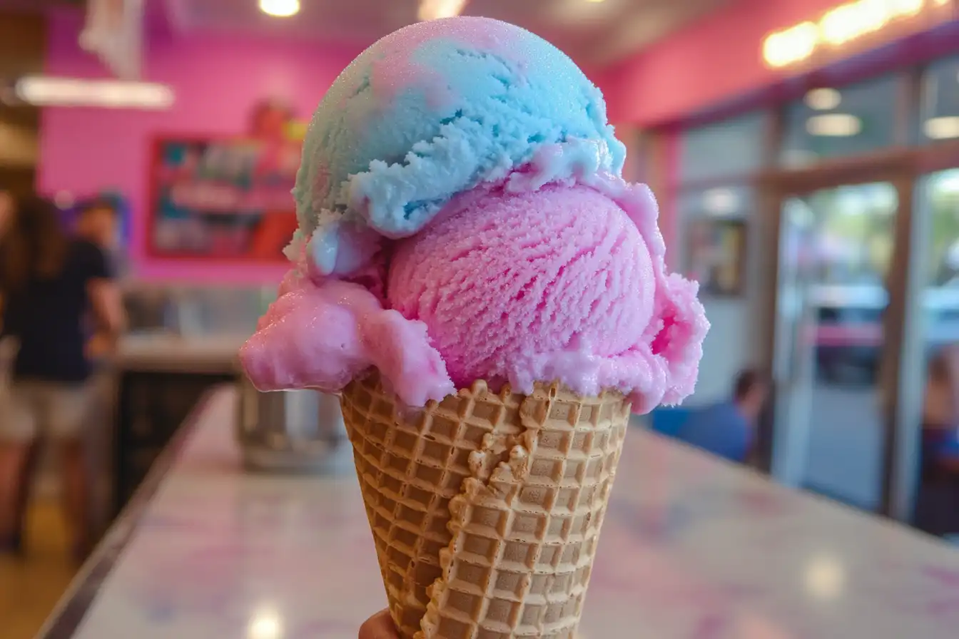 A vibrant scoop of cotton candy ice cream in a waffle cone with sprinkles, against a bright summer backdrop.