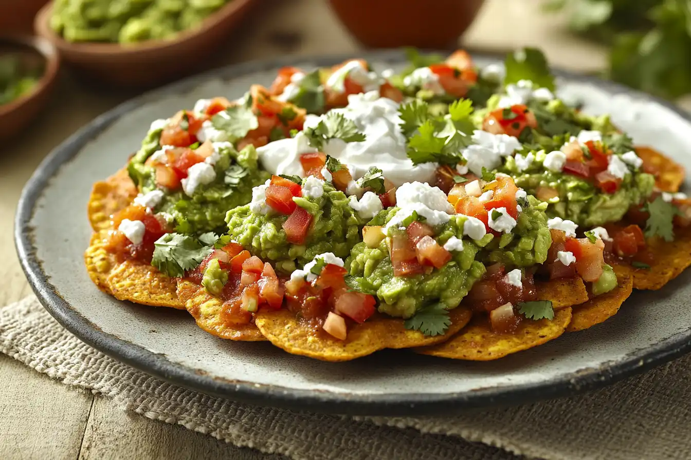 Plate of papas locas loaded with guacamole, crema, cilantro, and queso fresco