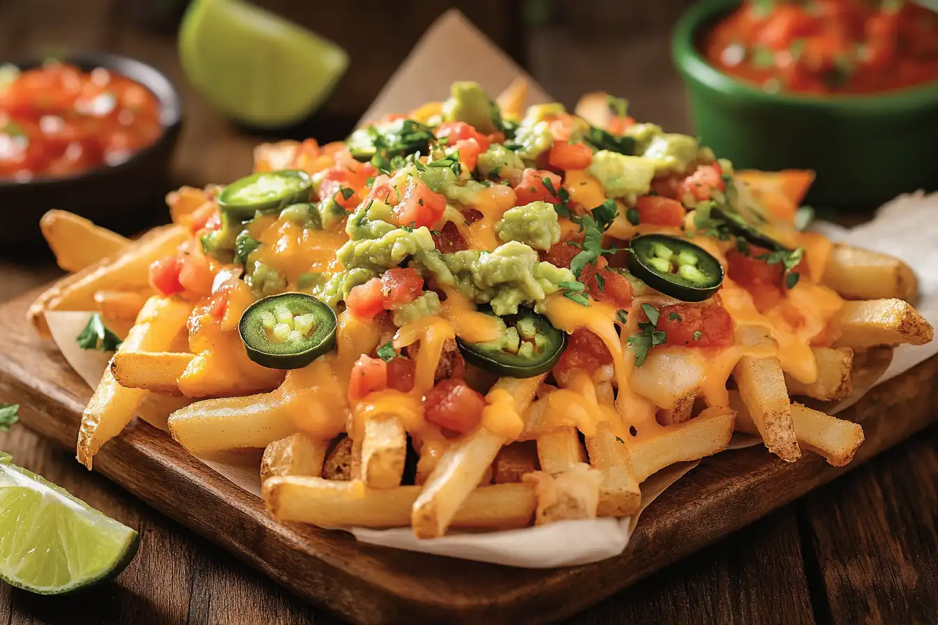 A vibrant plate of papas locas with melted cheese, jalapeños, guacamole, and salsa served on a rustic wooden table.