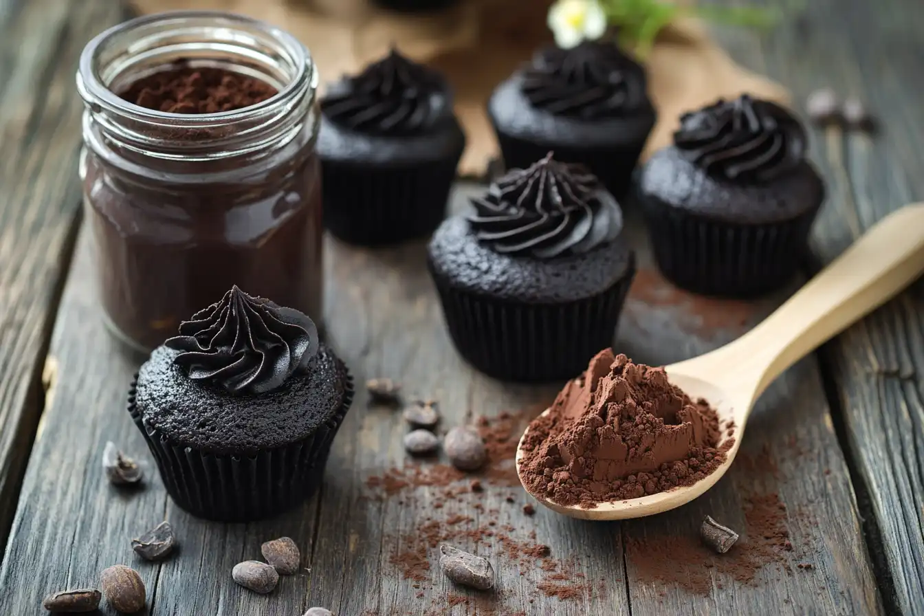 Black cocoa powder in a jar with a wooden spoon on a rustic table.