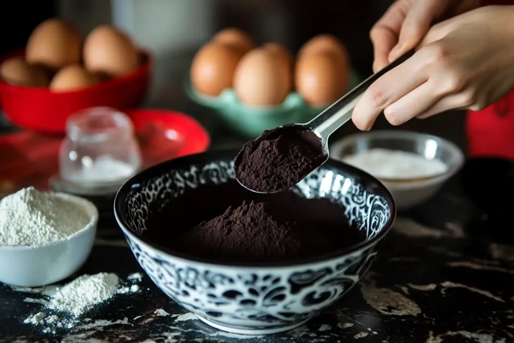 A baker measuring black cocoa powder into a mixing bowl.