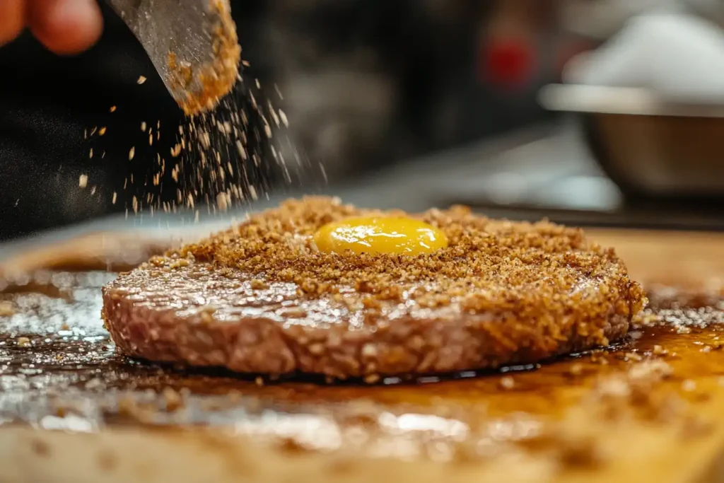 Chef dredging a thin steak into breadcrumbs for milanesa steak preparation
