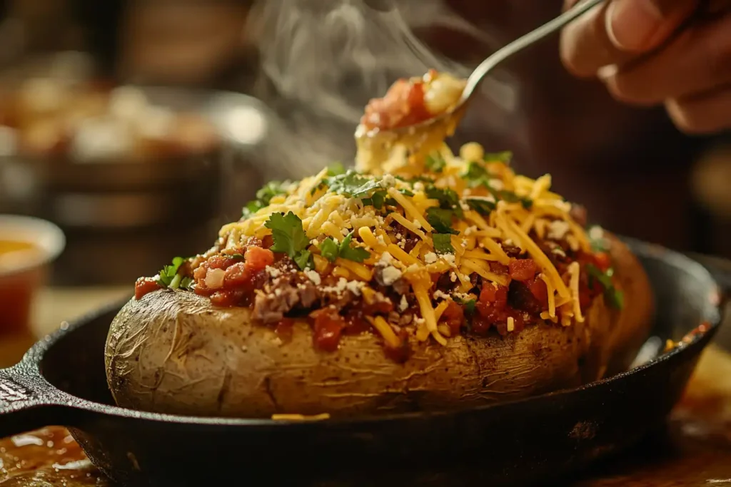 Step-by-step preparation of Papa Loco, featuring a baked potato, cheese, meat, and various toppings.