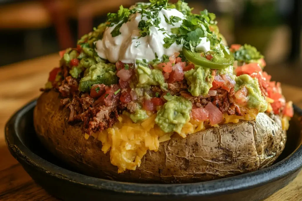 Vibrant Papa Loco with colorful toppings like cheese, salsa, guacamole, sour cream, and meat on a rustic table.