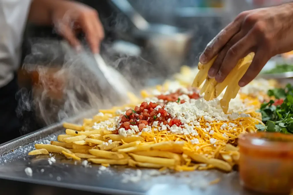 Step-by-step preparation of papas locas, showing crispy fries, melted cheese, and various toppings being added in a kitchen setting.