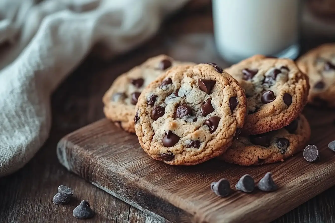 Freshly baked small batch chocolate chip cookies on a wooden board with melted chocolate chips and a glass of milk.