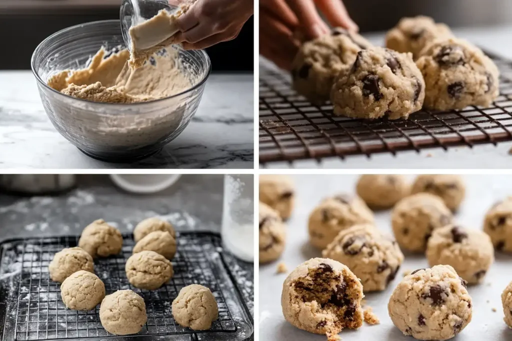 Collage showing the steps to make small batch chocolate chip cookies: mixing dough, shaping balls, and cooling cookies on a rack.