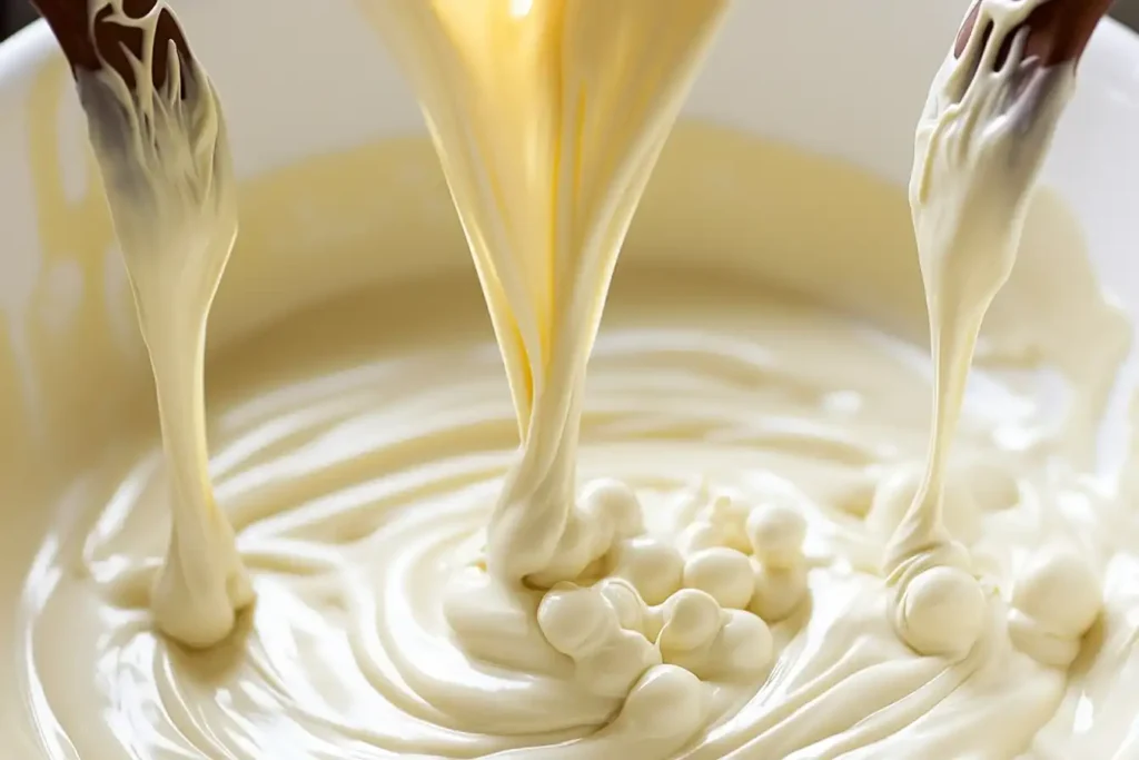 Step-by-step process of making white chocolate ganache.