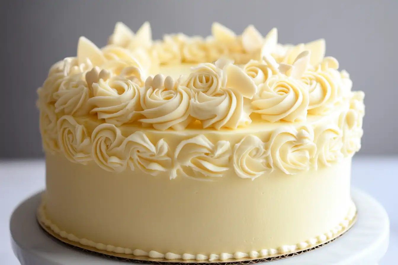 A wedding cake decorated with white chocolate ganache drips and piped white chocolate buttercream flowers