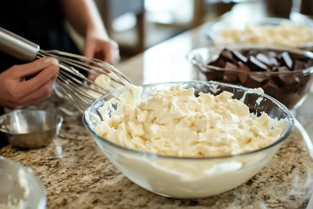 A baker pouring warm cream into chopped white chocolate to make ganache