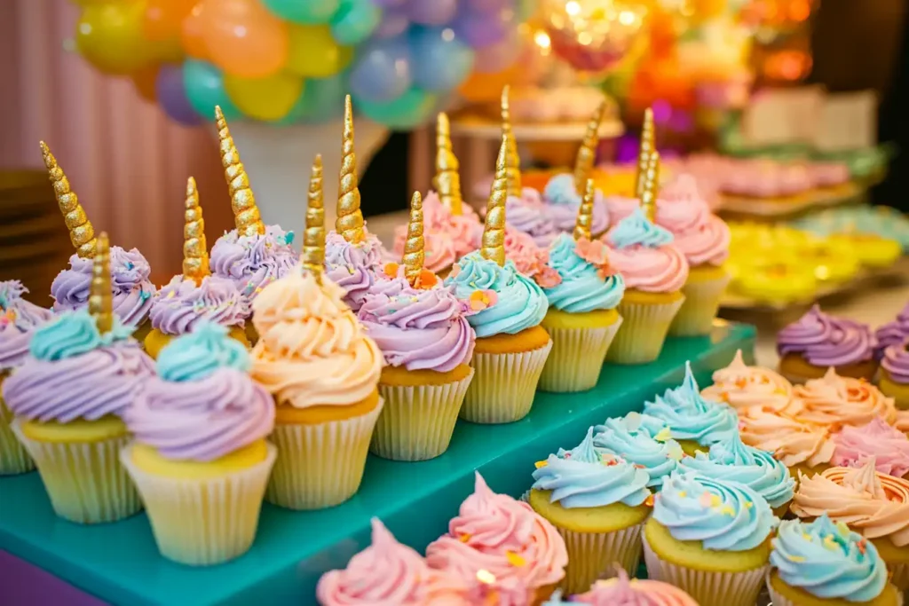 A beautiful display of unicorn cupcakes with pastel-colored frosting and edible golden horns.