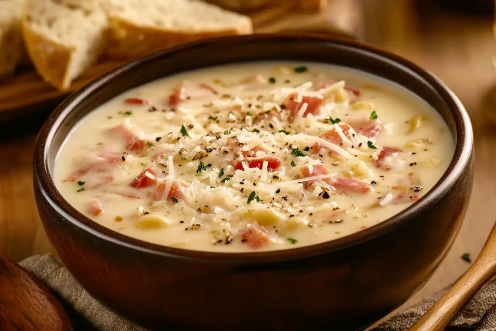 A bowl of creamy soup thickened with Parmesan cheese, garnished with herbs.