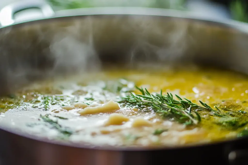 A Parmesan rind simmering in soup, releasing flavor and enhancing thickness.