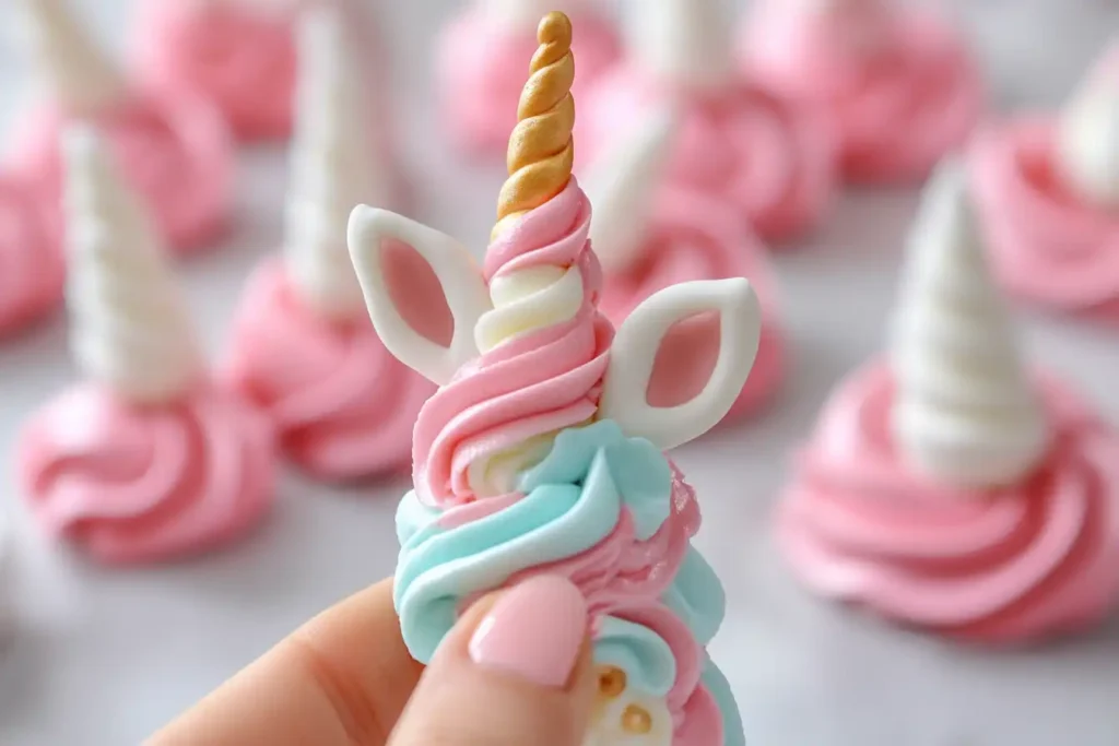 Step-by-step process for making fondant unicorn horns for cupcakes.