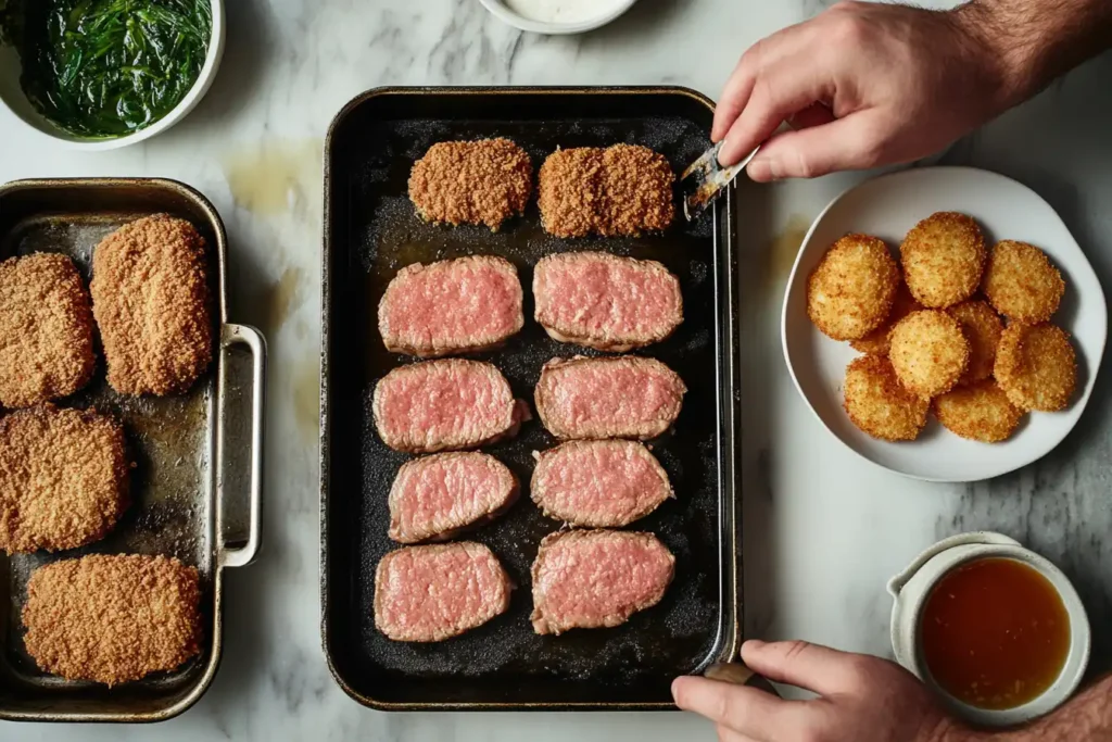 Step-by-step preparation of milanesa steak, showing tenderizing, breading, and frying.