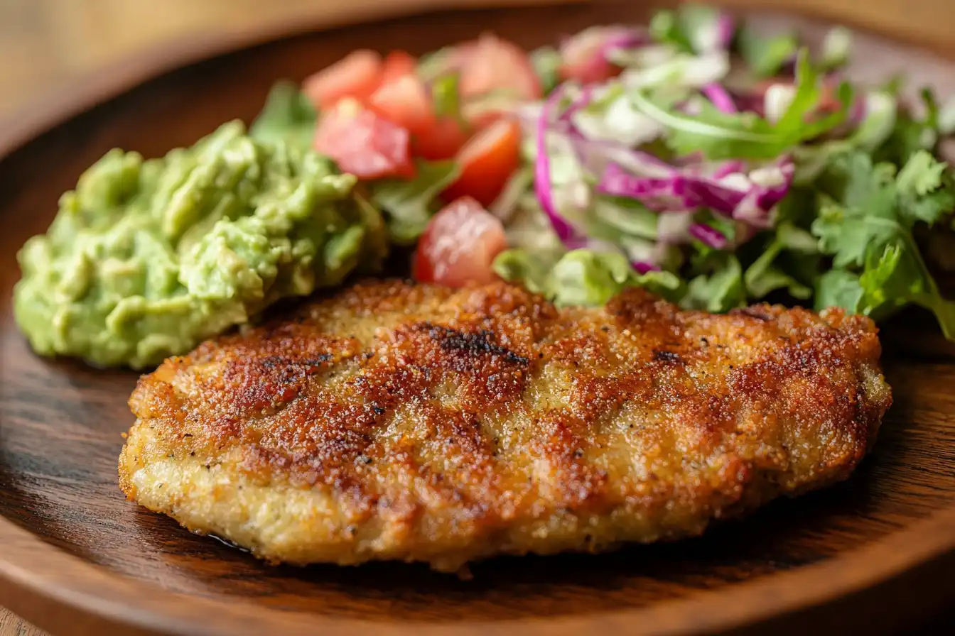 Crispy and golden milanesa steak served with salad, rice, and lime slices.