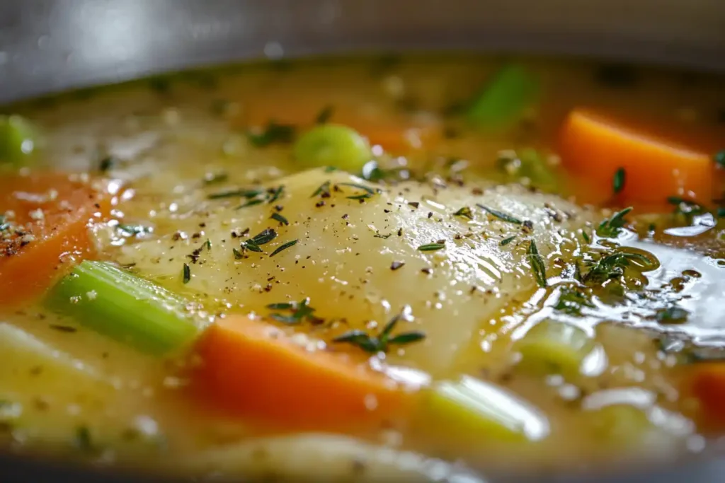 A parmesan rind simmering in a pot of vegetable soup filled with tomatoes, carrots, celery, and kale.