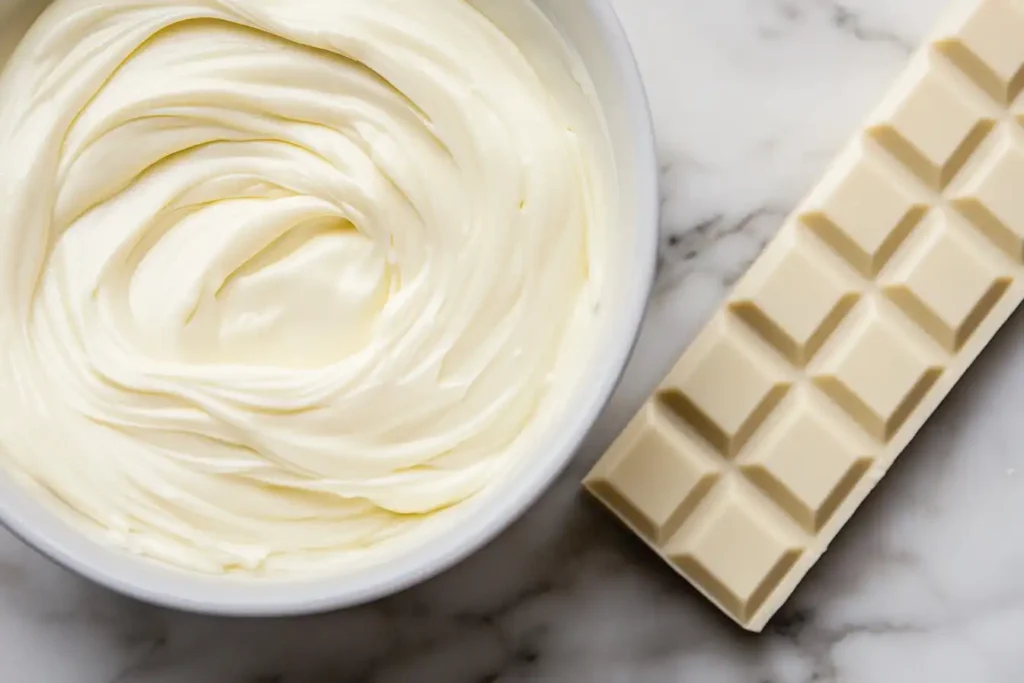 Perfectly set white chocolate ganache in a bowl with a smooth and creamy texture on a marble countertop.